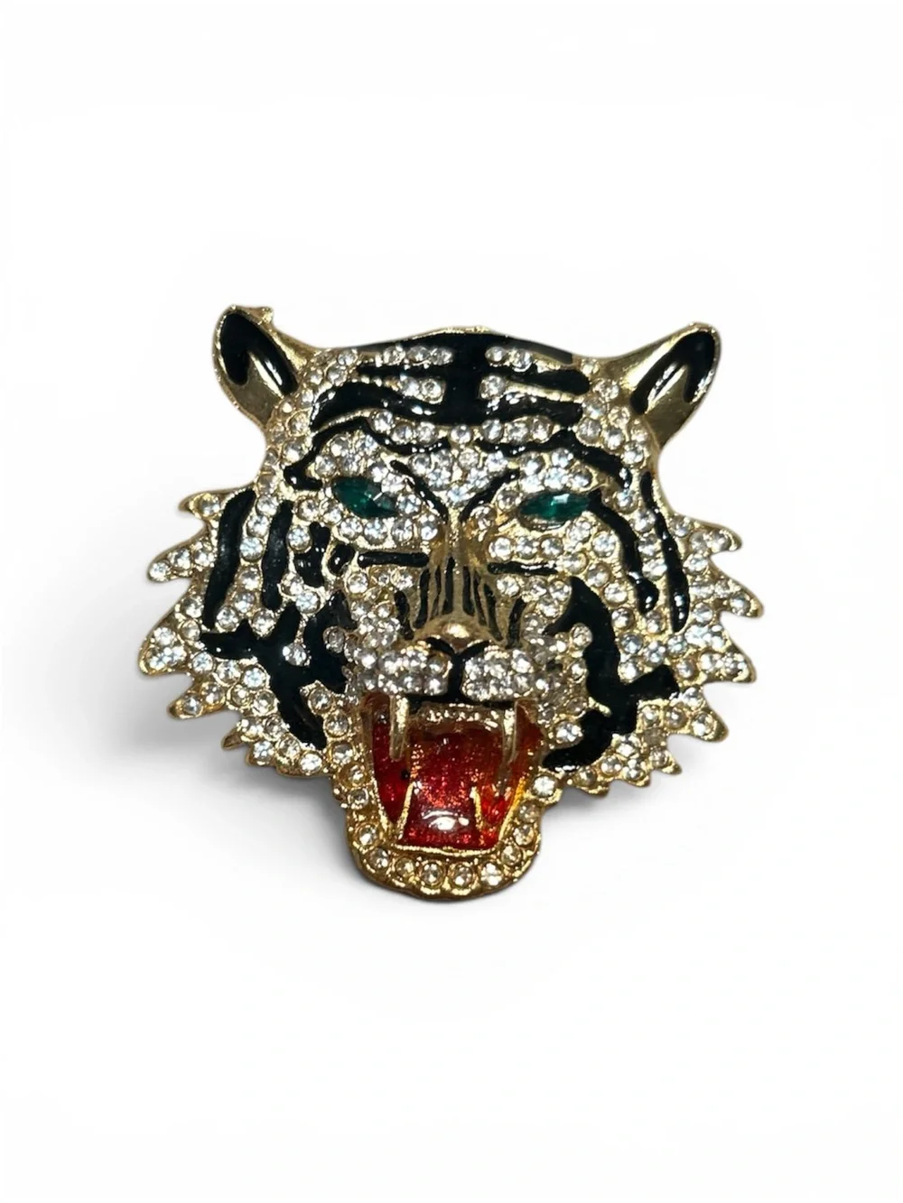 Sparkling Tiger Head Brooch with Red Tongue and Emerald Eyes